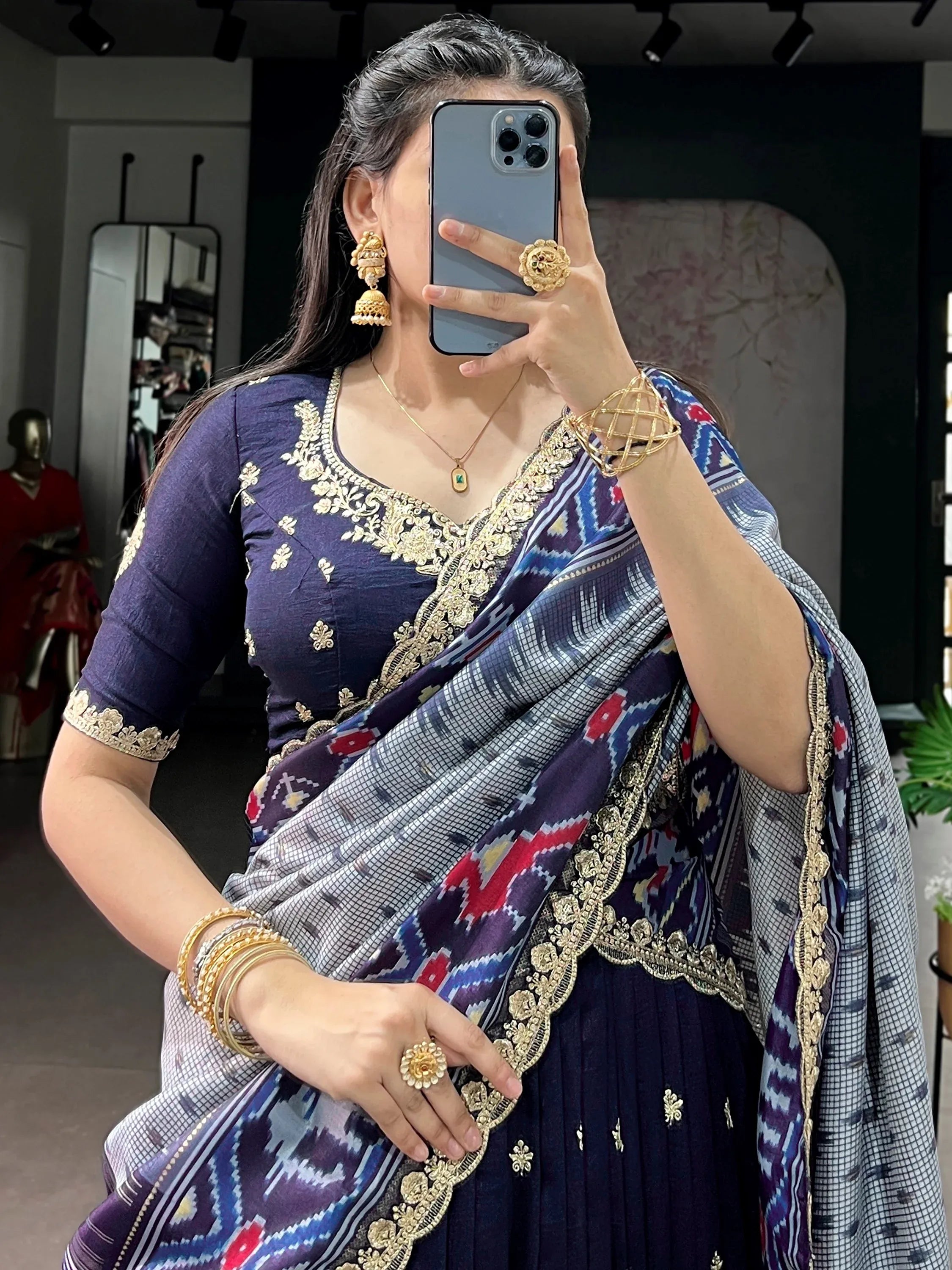 Rich Navy Blue Thread Embroidered Silk Festive Wear Half Saree Lehenga