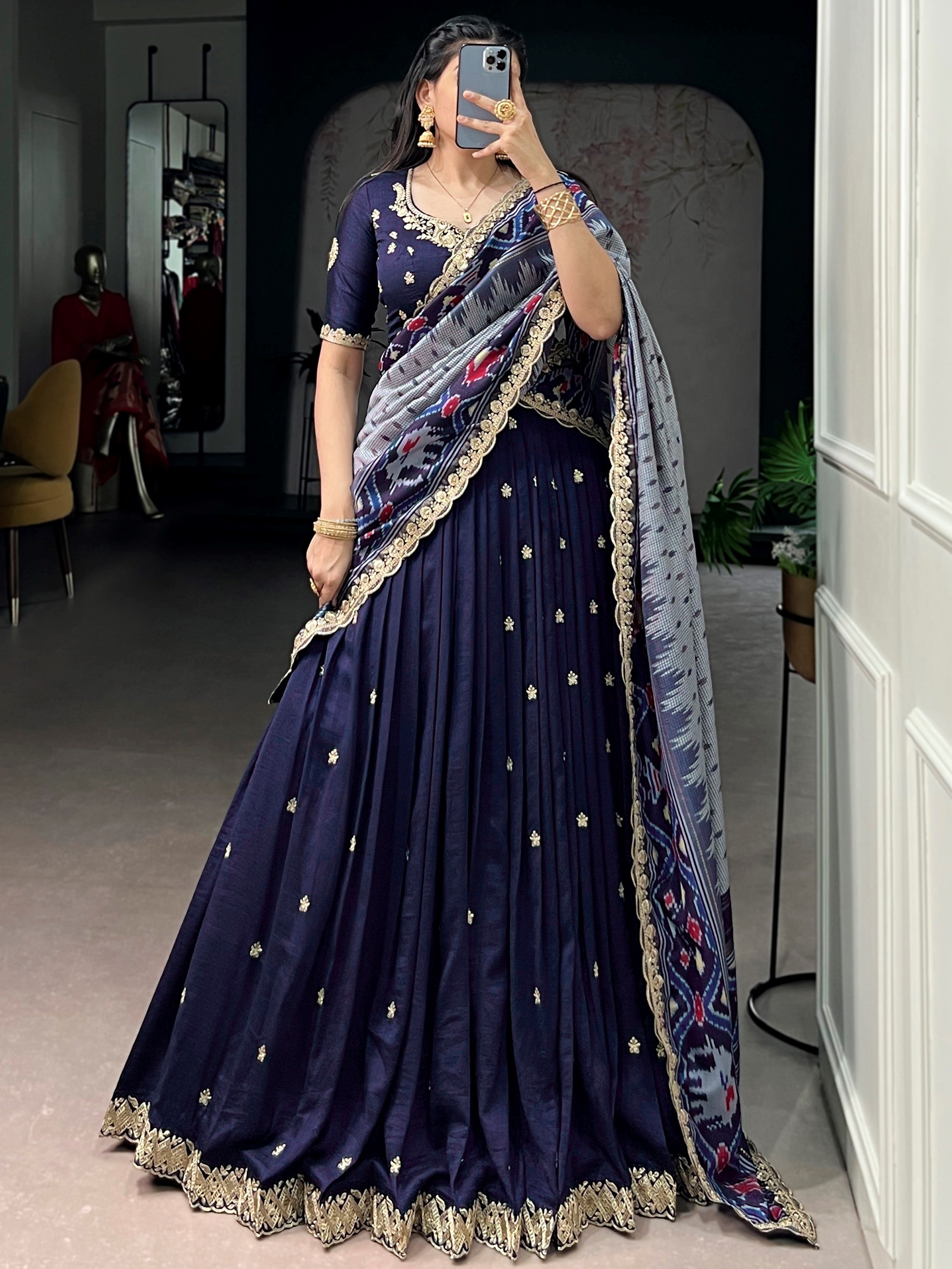 Rich Navy Blue Thread Embroidered Silk Festive Wear Half Saree Lehenga