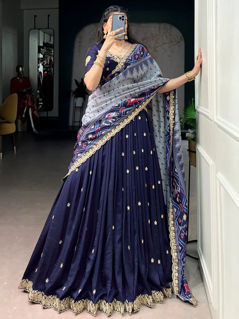 Rich Navy Blue Thread Embroidered Silk Festive Wear Half Saree Lehenga