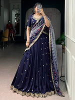Rich Navy Blue Thread Embroidered Silk Festive Wear Half Saree Lehenga