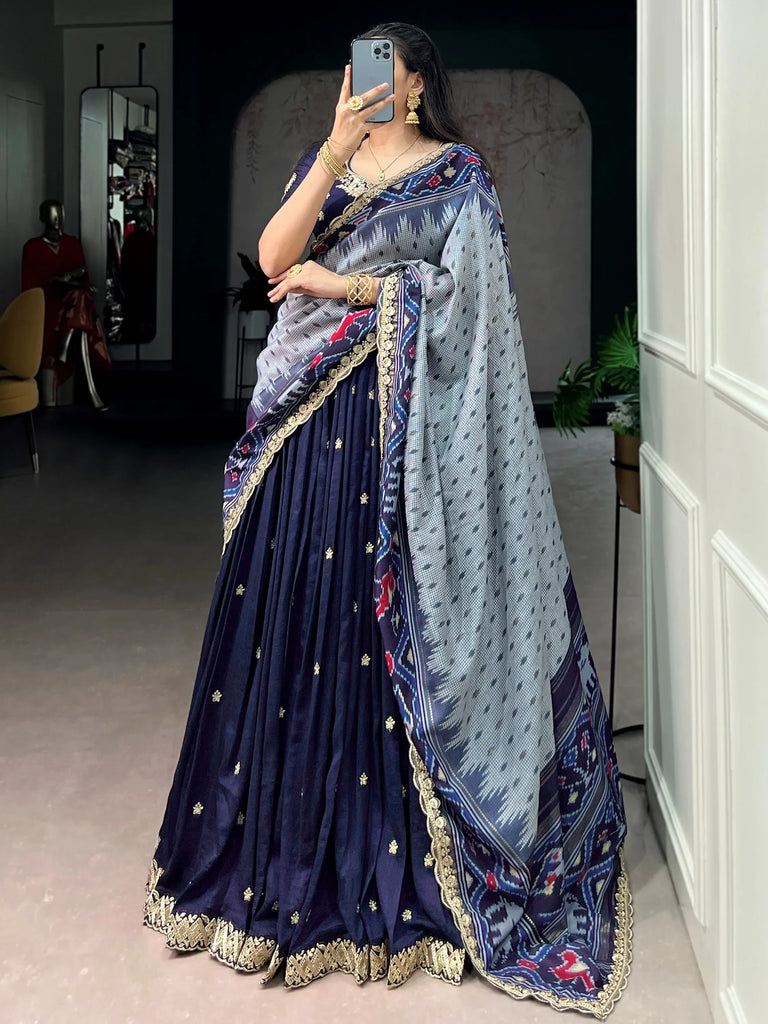 Rich Navy Blue Thread Embroidered Silk Festive Wear Half Saree Lehenga
