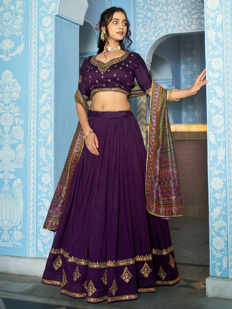 Graceful Purple Thread Work Silk Festive Wear Lehenga Choli With Dupatta