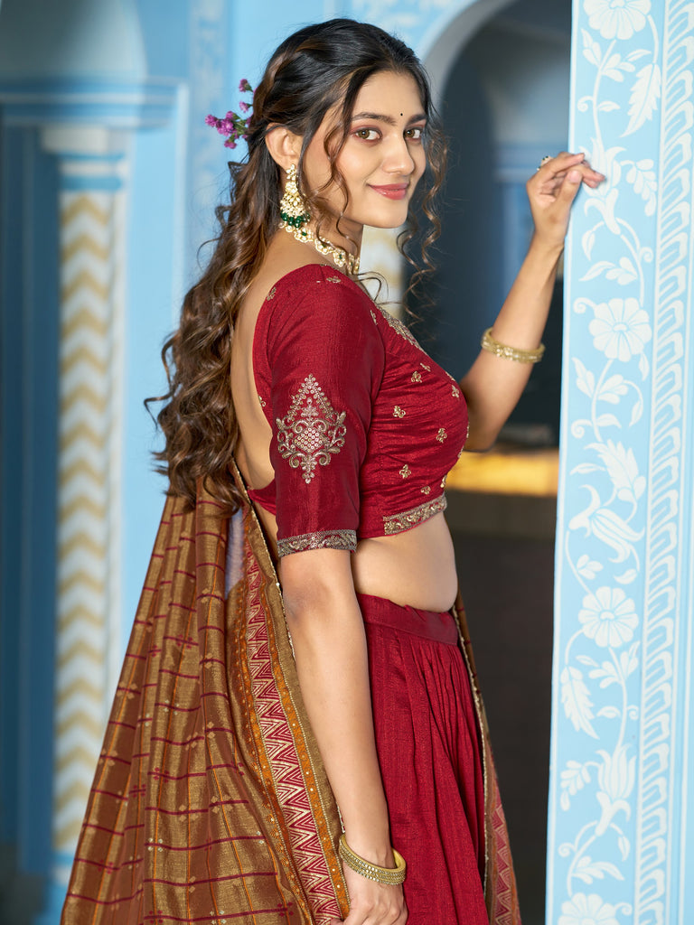 Stunning Maroon Sequins Silk Wedding Wear Lehenga Choli With Dupatta