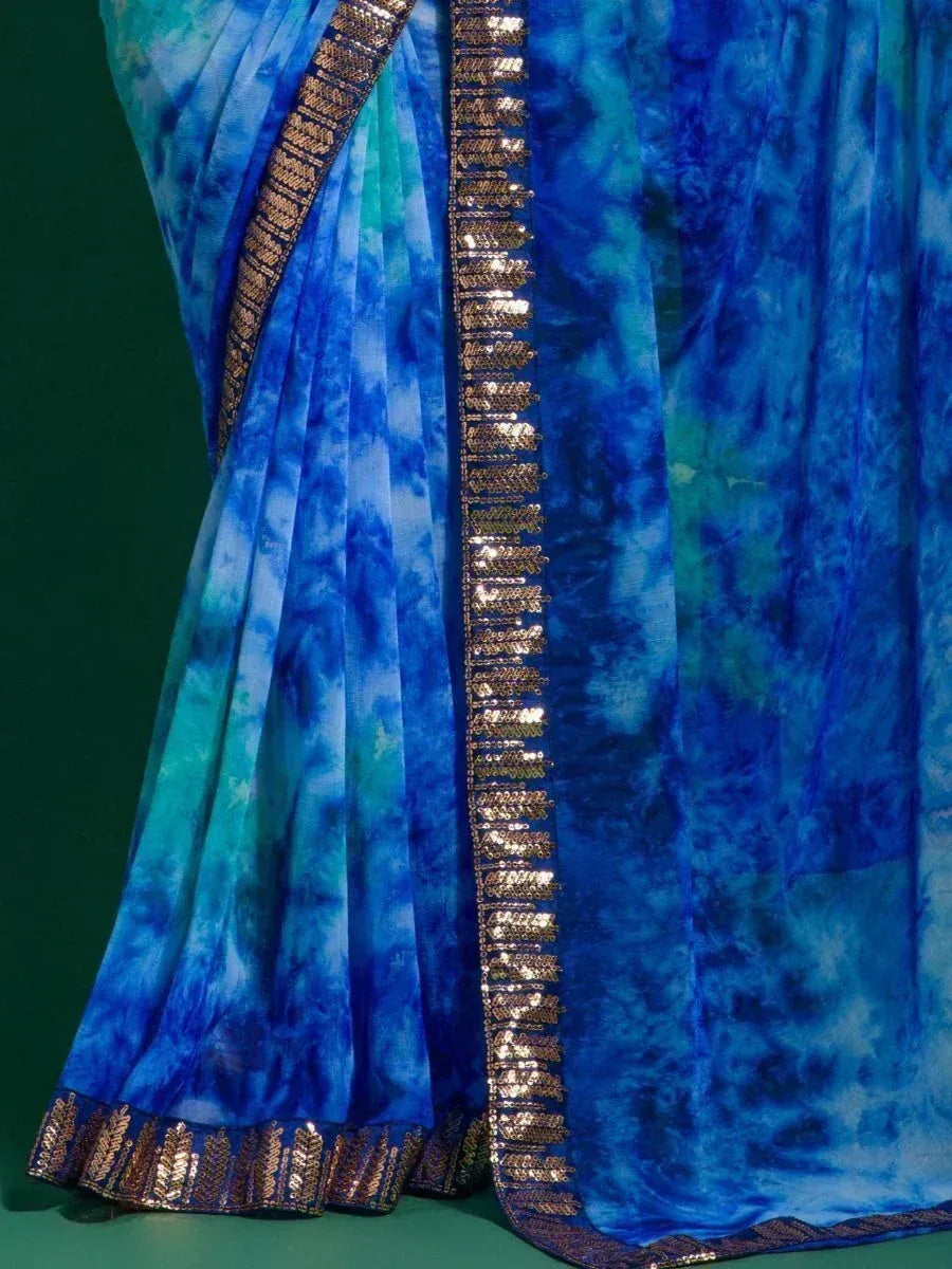 Blue tie-dye saree with gold sequin border, Indian ethnic wear