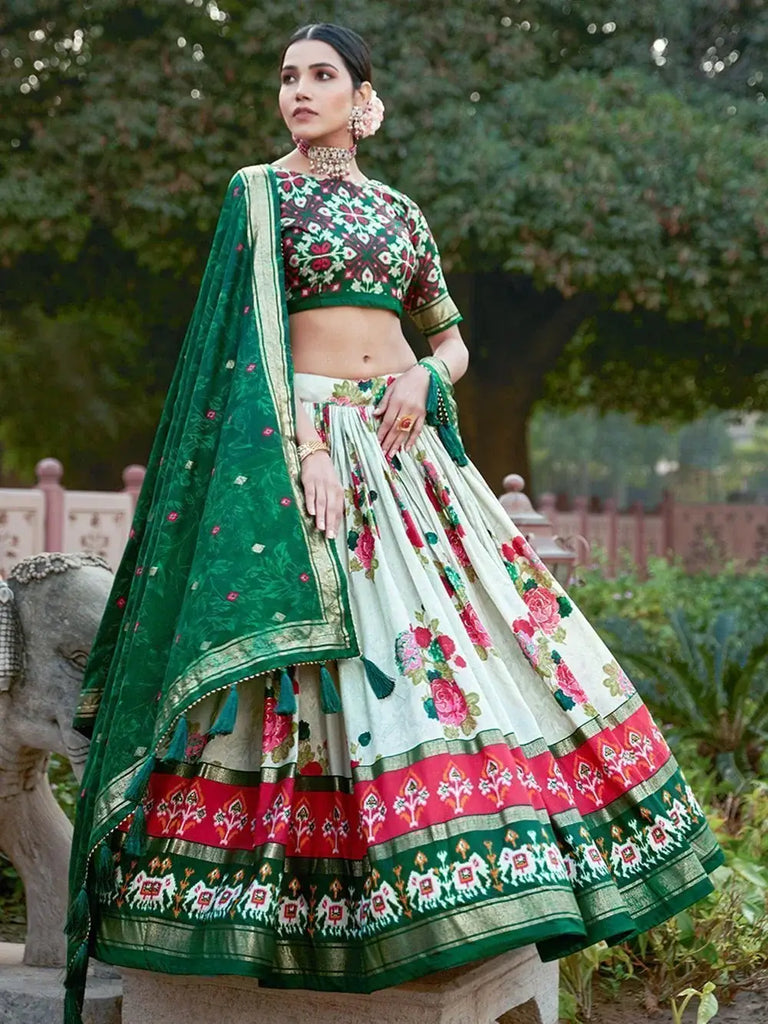 Lovely White & Green Patola Printed Tussar Silk Traditional Lehenga Choli