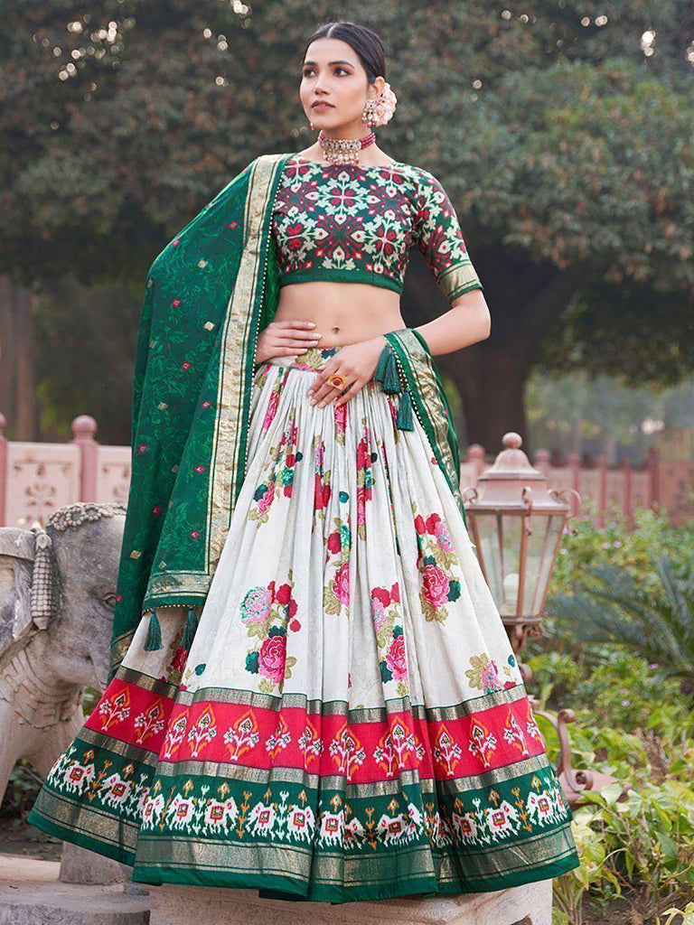 Lovely White & Green Patola Printed Tussar Silk Traditional Lehenga Choli
