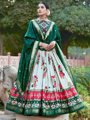 Lovely White & Green Patola Printed Tussar Silk Traditional Lehenga Choli