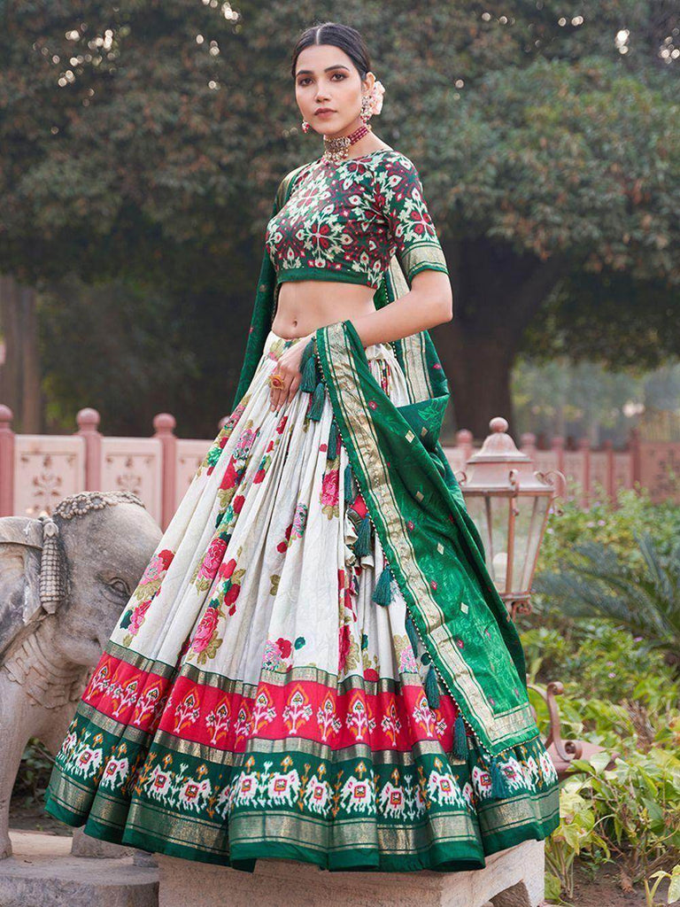 Lovely White & Green Patola Printed Tussar Silk Traditional Lehenga Choli