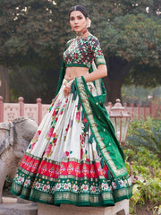 Lovely White & Green Patola Printed Tussar Silk Traditional Lehenga Choli