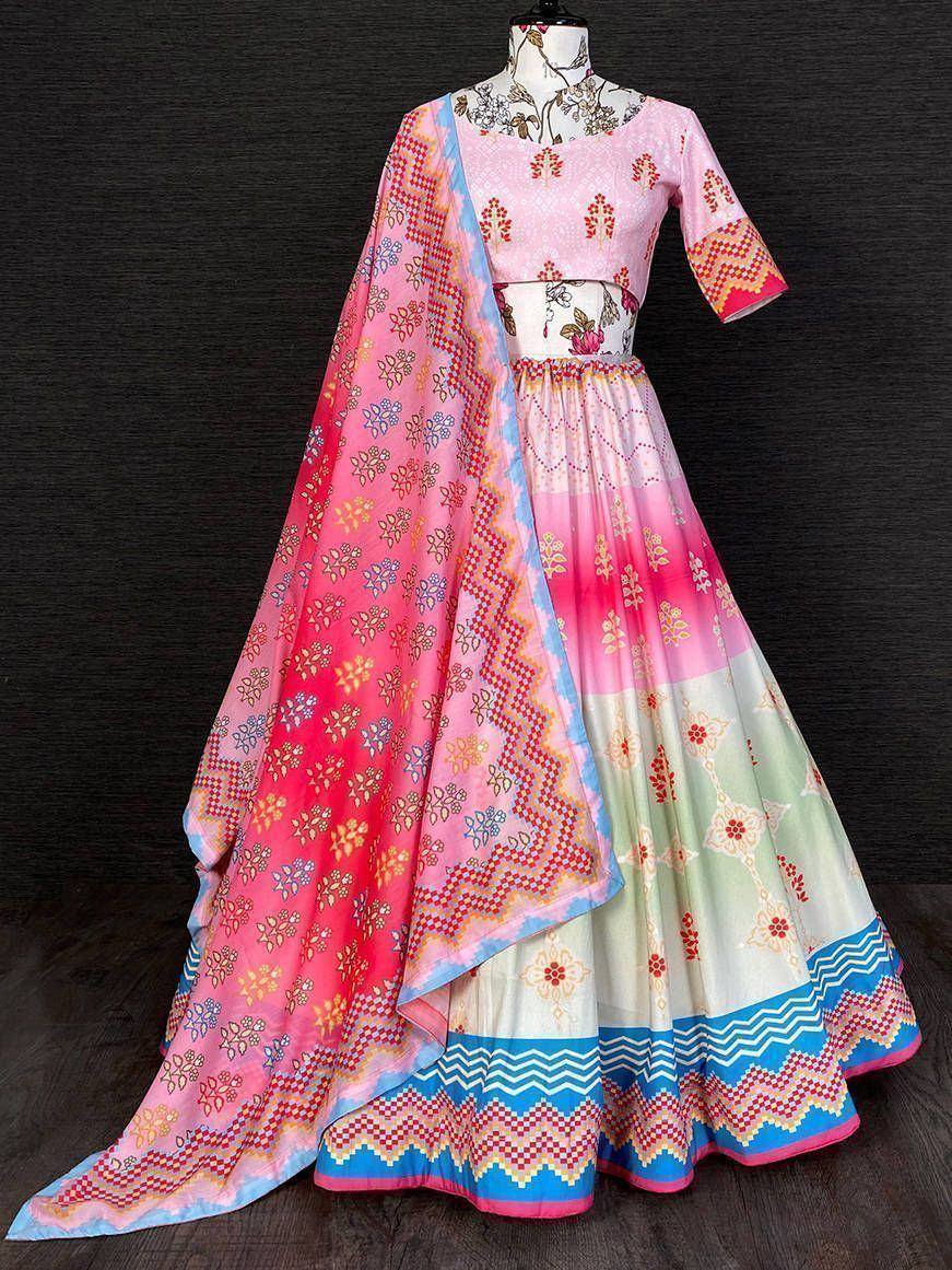 Pink and blue printed lehenga choli with floral dupatta, ethnic Indian wear for women