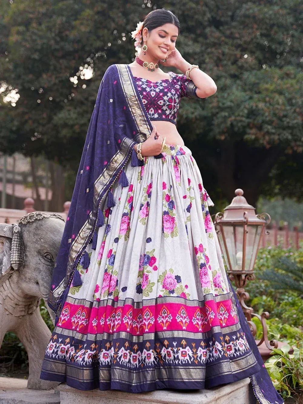 Floral print lehenga choli with purple dupatta, perfect for Indian ethnic occasions