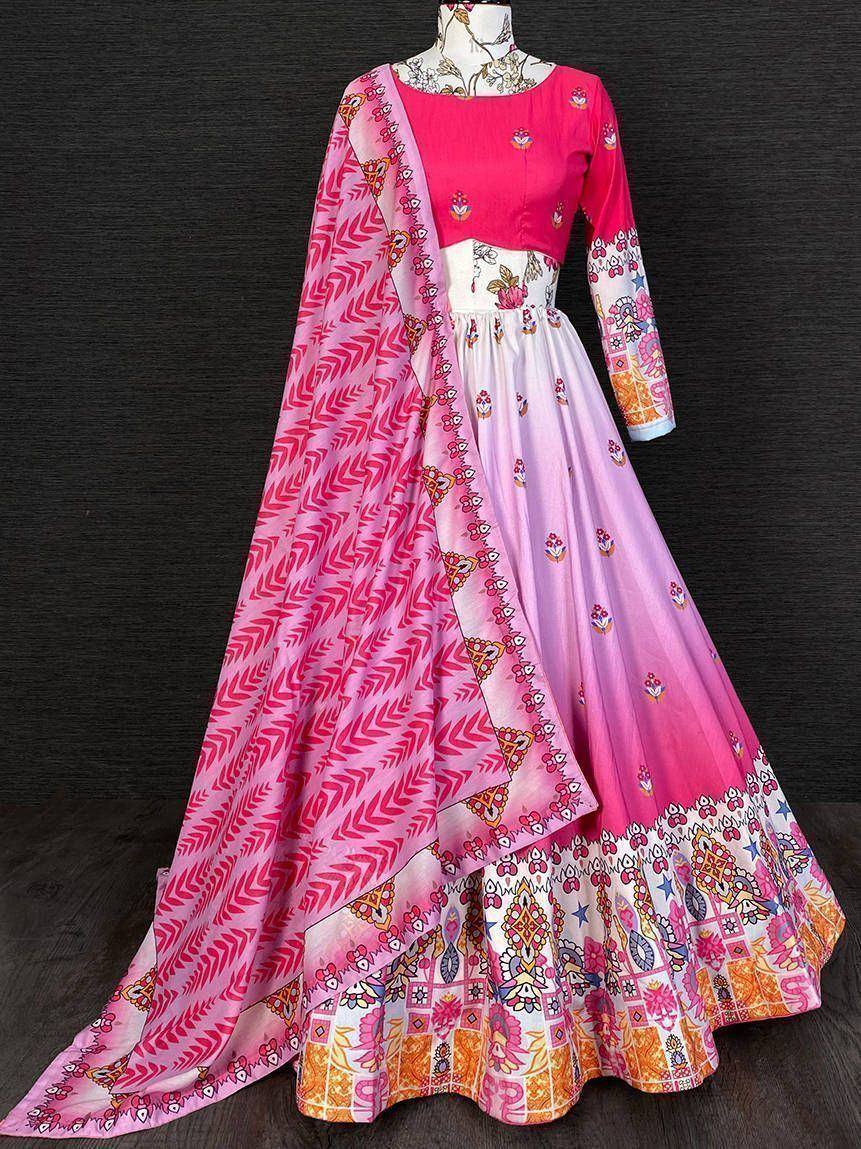 Pink and white printed lehenga choli with floral dupatta, Indian ethnic wear for women