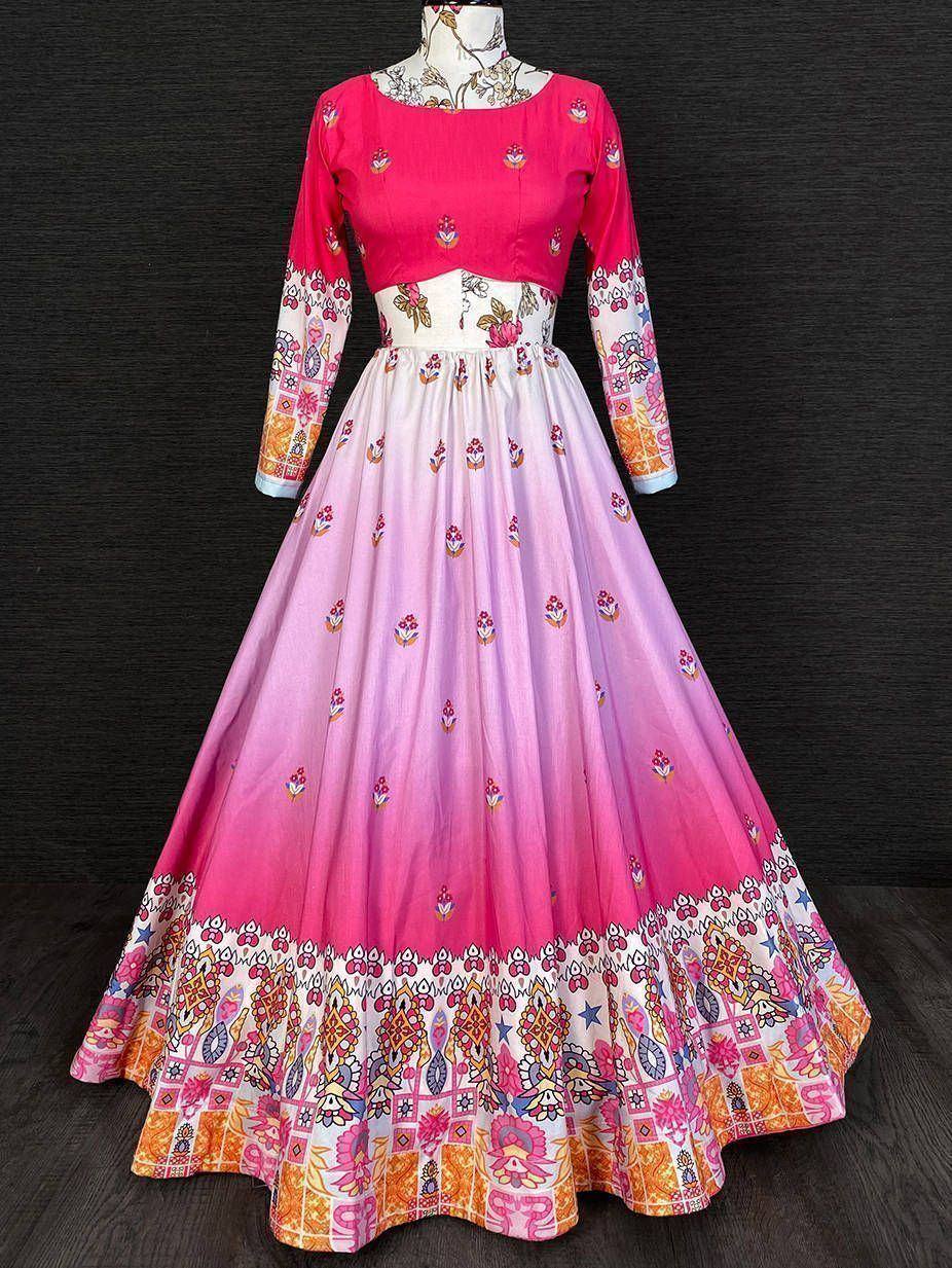 Pink ombre lehenga choli with floral print and colorful border, Indian ethnic wear