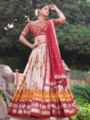 Gorgeous Off-White & Red Patola Printed Tussar Silk Lehenga Choli