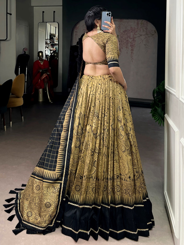 Wonderful Golden Kalamkari Print Tussar Silk Festive Wear Lehenga Choli