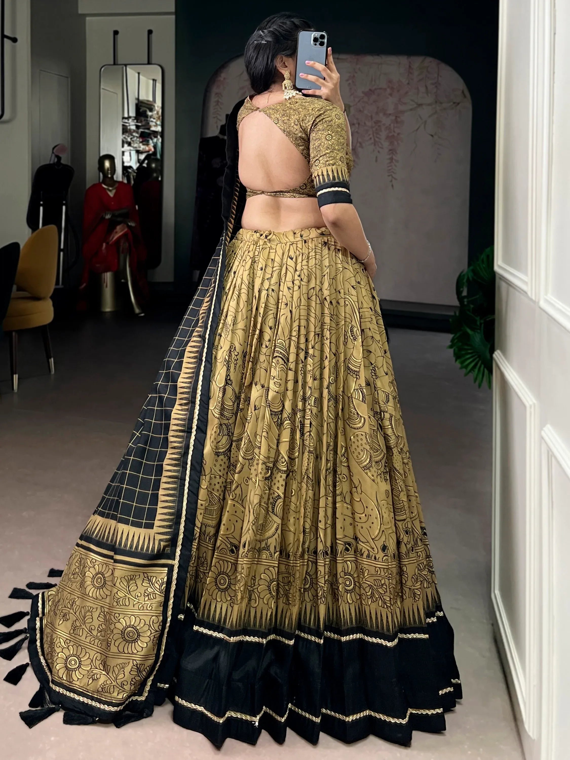 Wonderful Golden Kalamkari Print Tussar Silk Festive Wear Lehenga Choli
