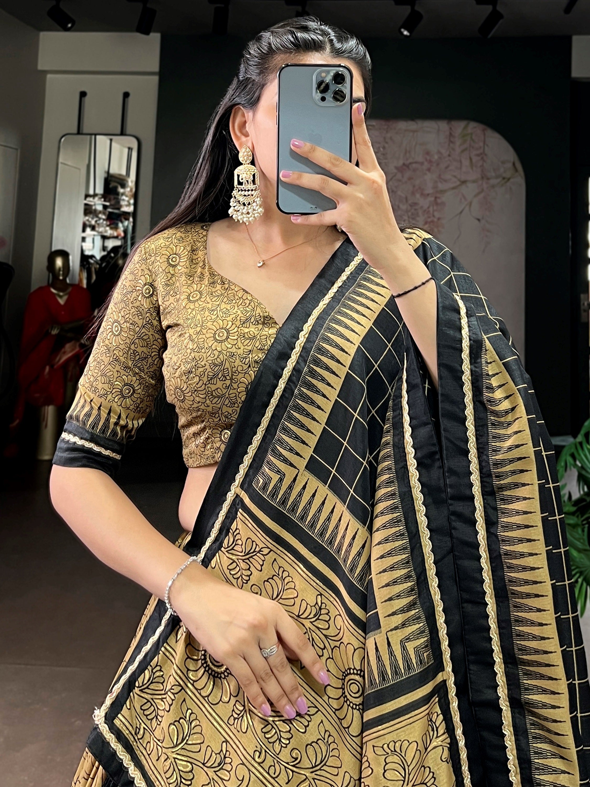 Wonderful Golden Kalamkari Print Tussar Silk Festive Wear Lehenga Choli