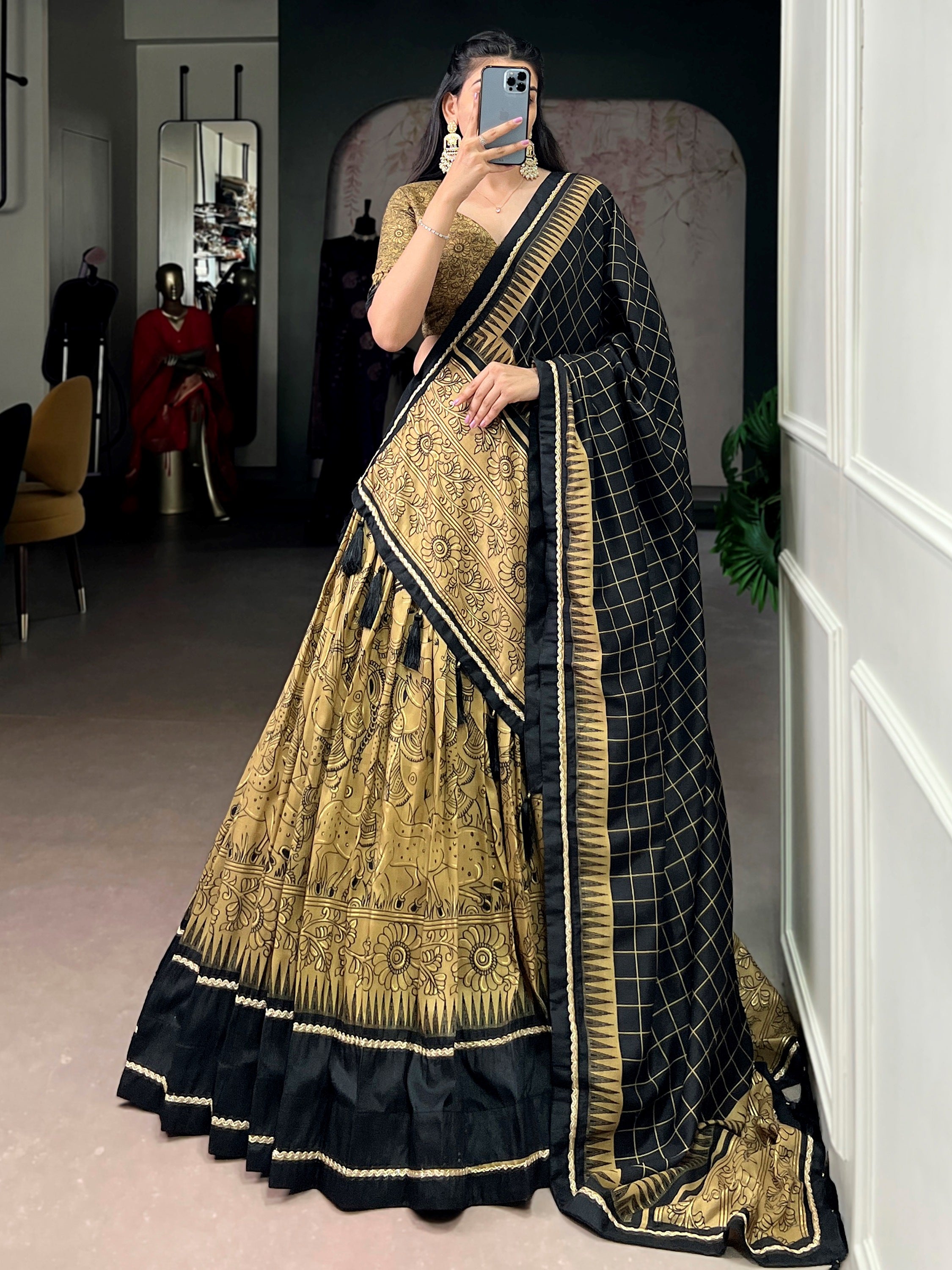 Wonderful Golden Kalamkari Print Tussar Silk Festive Wear Lehenga Choli