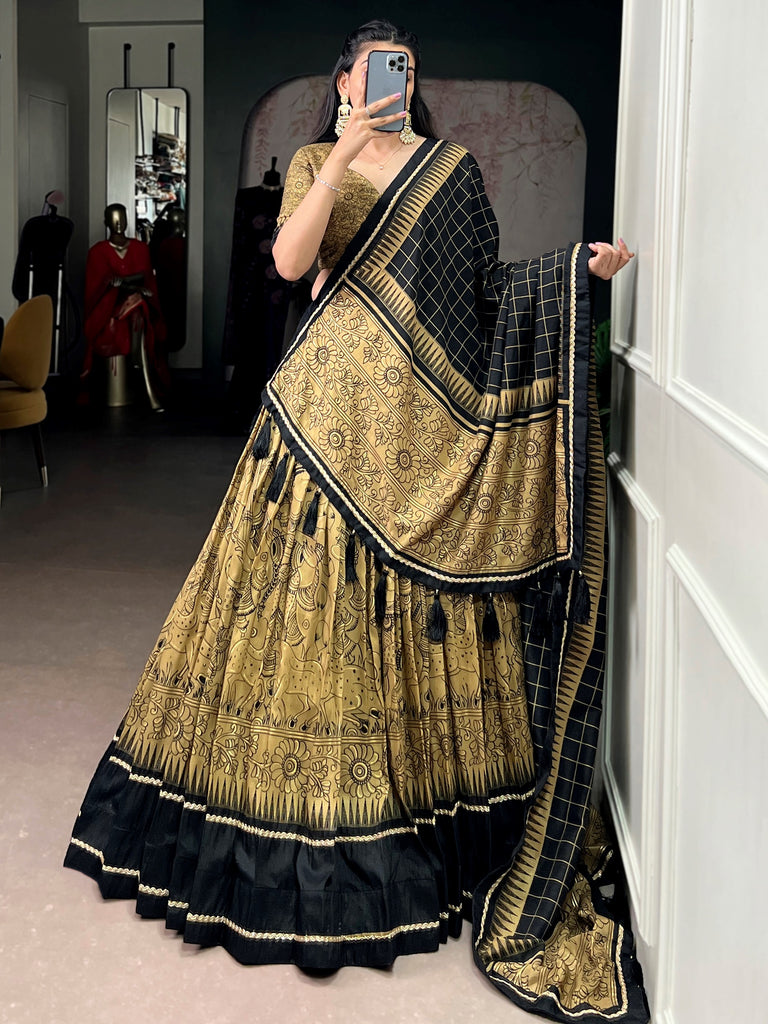 Wonderful Golden Kalamkari Print Tussar Silk Festive Wear Lehenga Choli