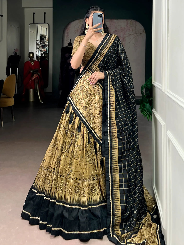Wonderful Golden Kalamkari Print Tussar Silk Festive Wear Lehenga Choli