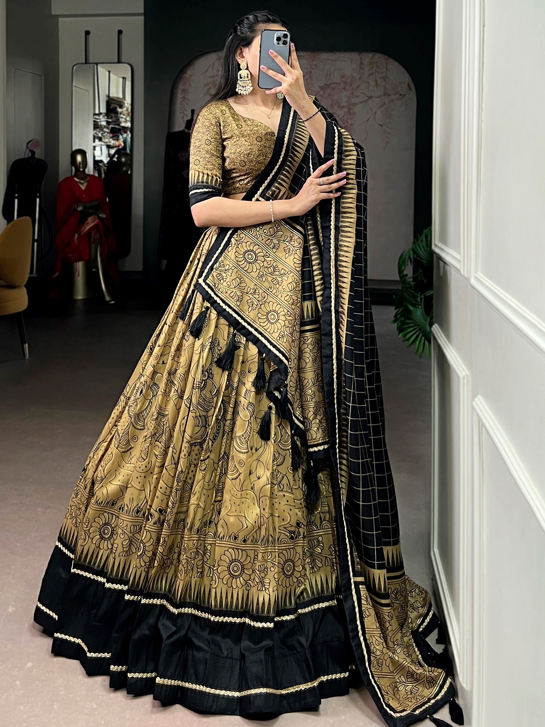 Wonderful Golden Kalamkari Print Tussar Silk Festive Wear Lehenga Choli