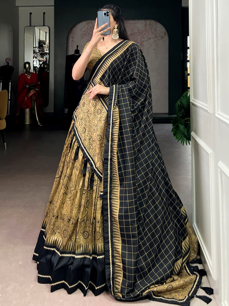 Wonderful Golden Kalamkari Print Tussar Silk Festive Wear Lehenga Choli
