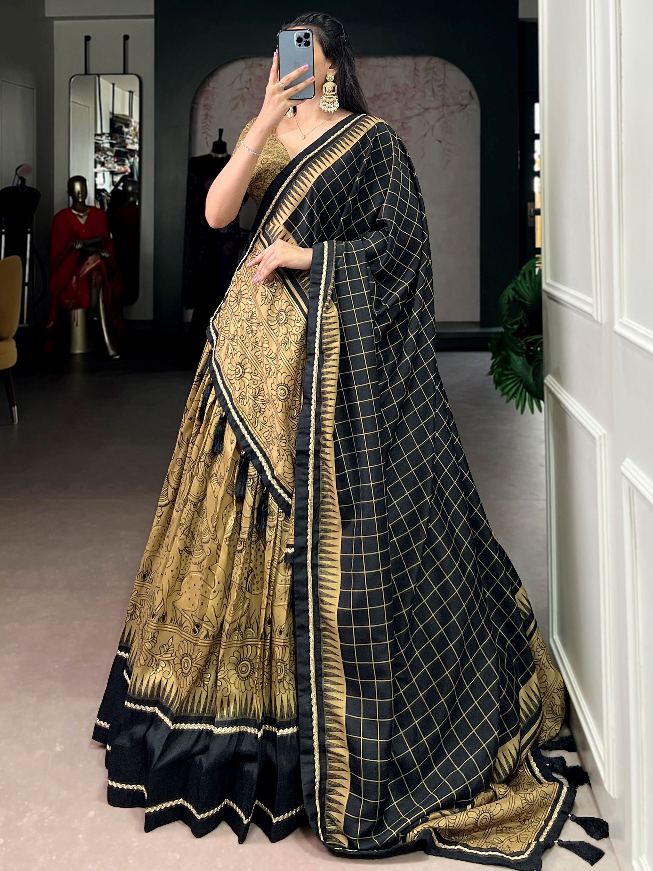 Wonderful Golden Kalamkari Print Tussar Silk Festive Wear Lehenga Choli