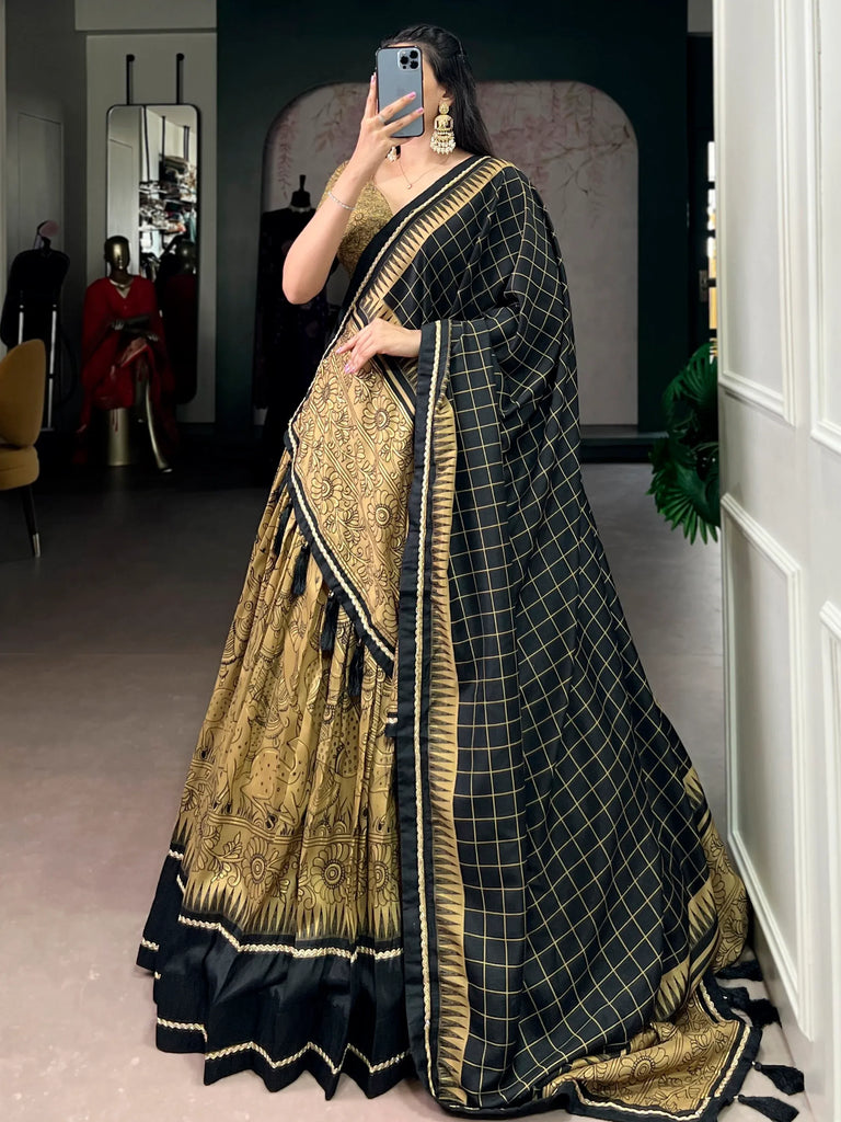 Wonderful Golden Kalamkari Print Tussar Silk Festive Wear Lehenga Choli