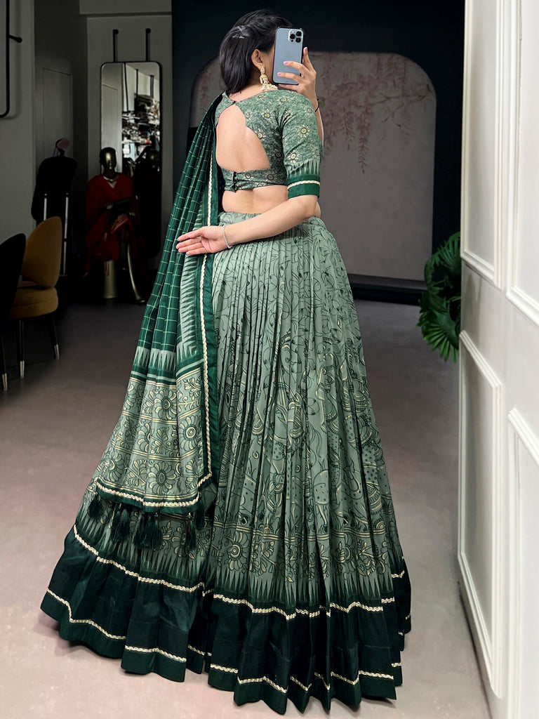 Fascinated Green Kalamkari Print Tussar Silk Event Wear Lehenga Choli