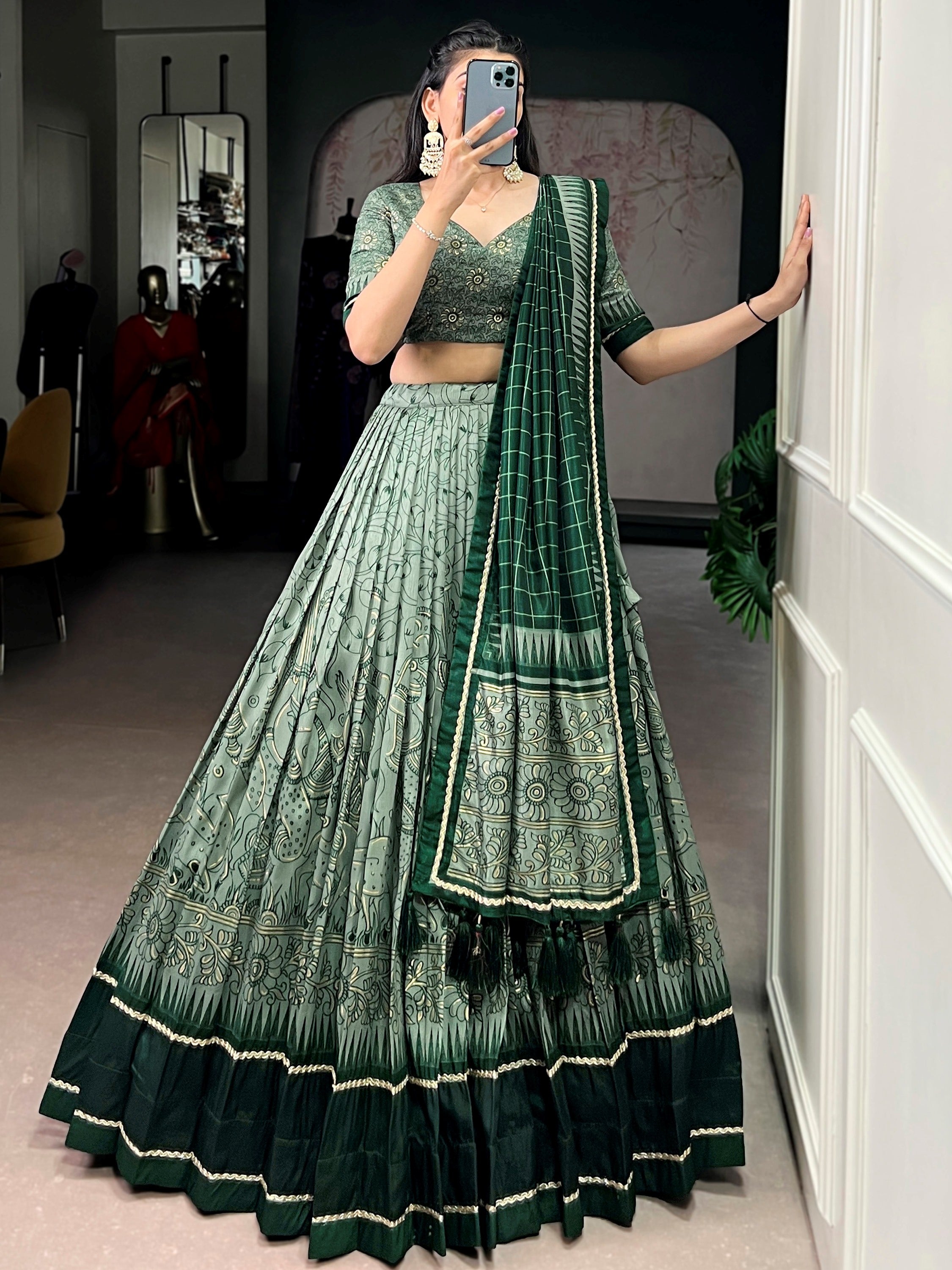 Fascinated Green Kalamkari Print Tussar Silk Event Wear Lehenga Choli