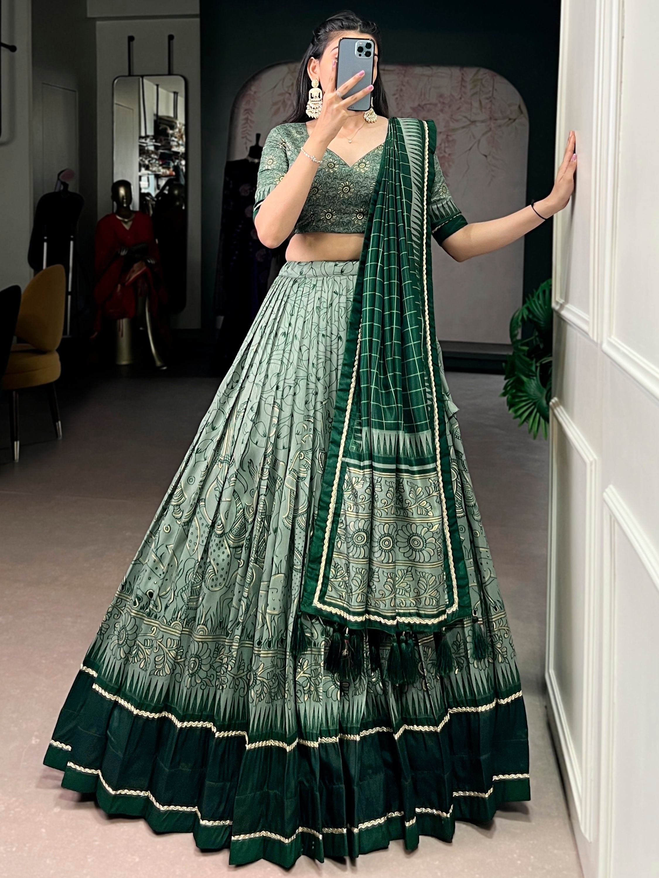 Fascinated Green Kalamkari Print Tussar Silk Event Wear Lehenga Choli