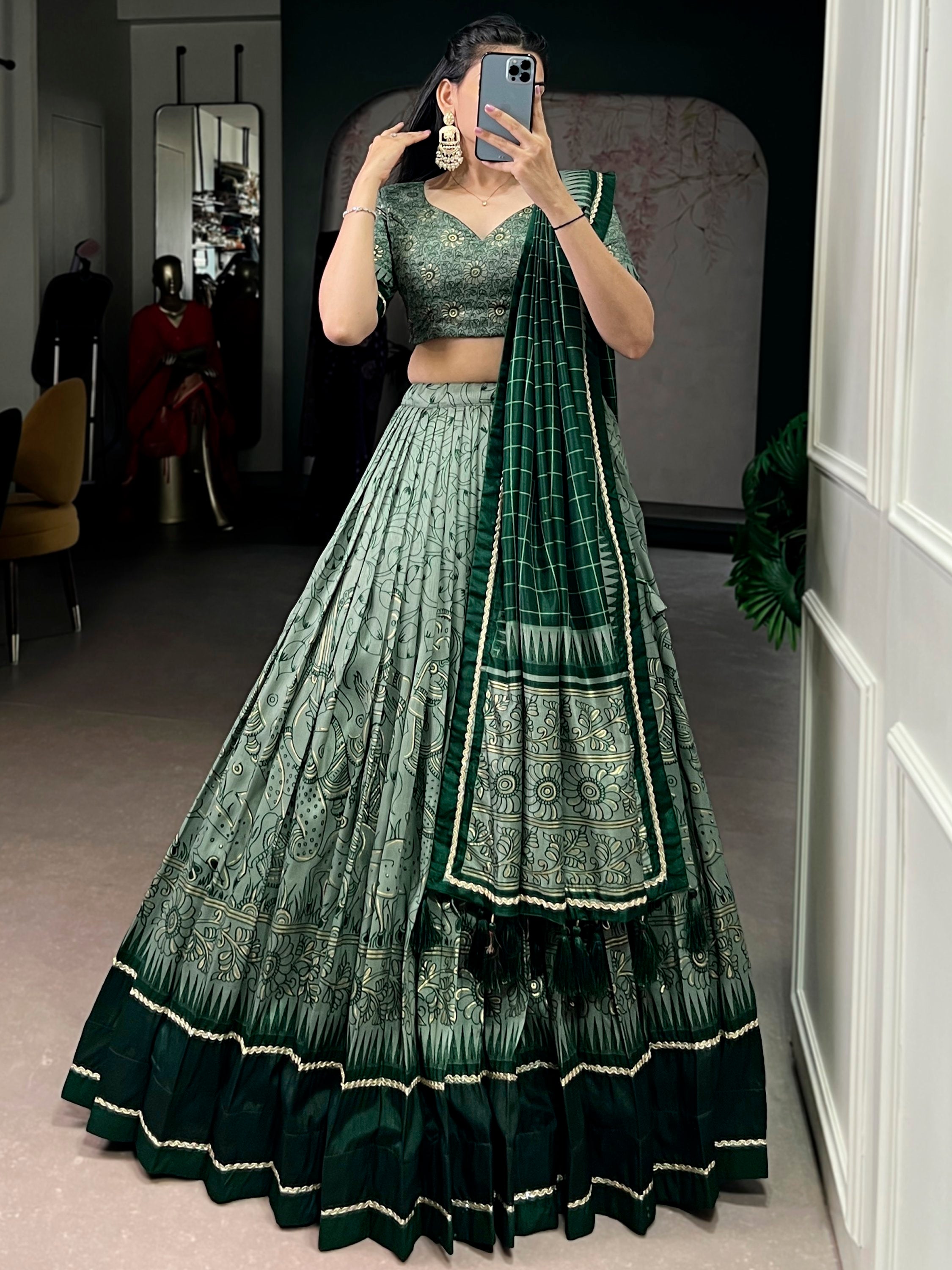 Fascinated Green Kalamkari Print Tussar Silk Event Wear Lehenga Choli