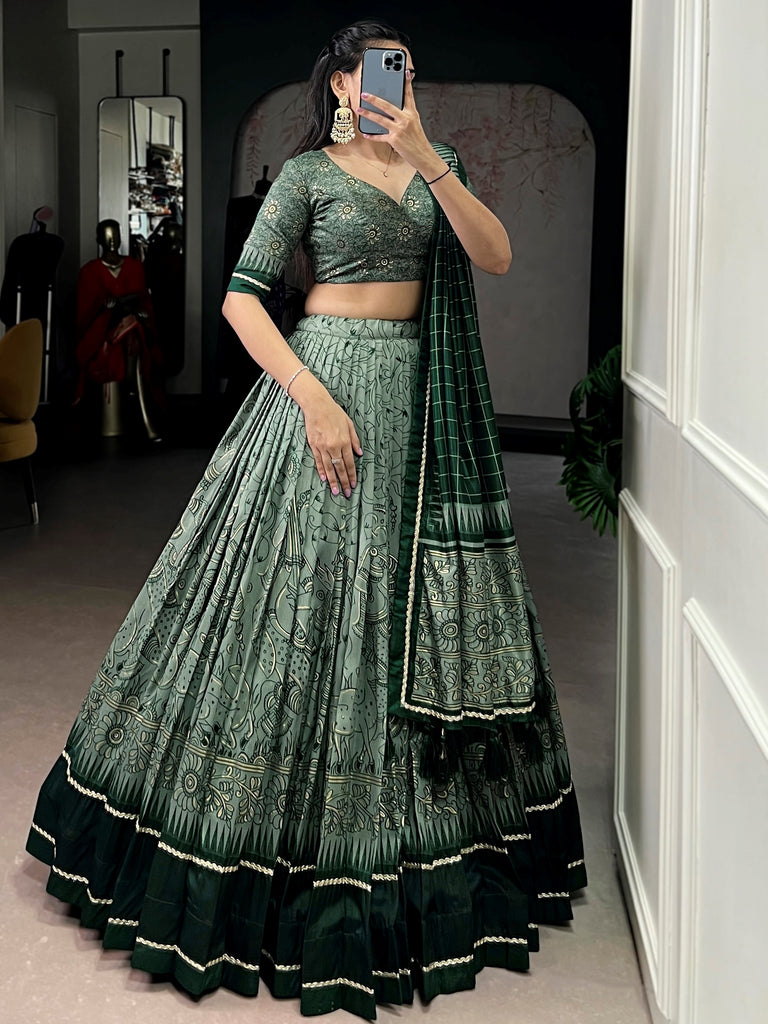 Fascinated Green Kalamkari Print Tussar Silk Event Wear Lehenga Choli