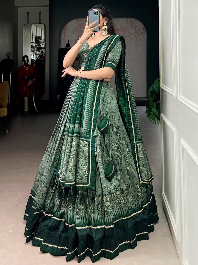 Fascinated Green Kalamkari Print Tussar Silk Event Wear Lehenga Choli