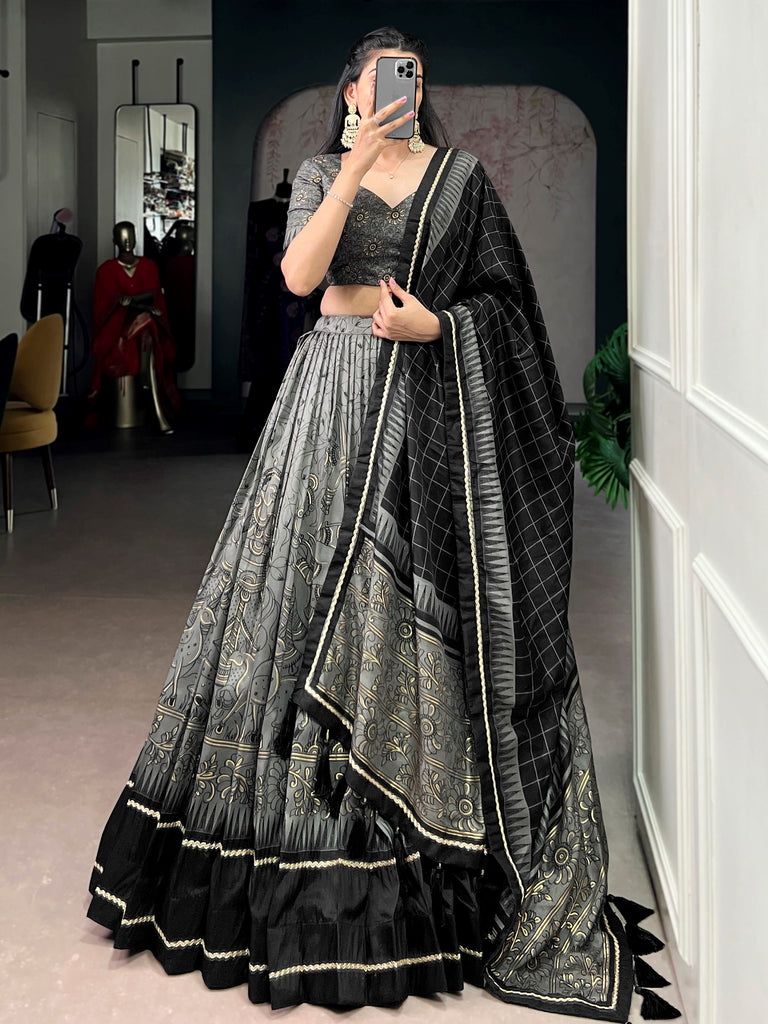 Bewitching Grey Kalamkari Print Tussar Silk Marriage Wear Lehenga Choli