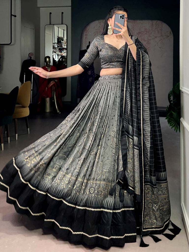 Bewitching Grey Kalamkari Print Tussar Silk Marriage Wear Lehenga Choli