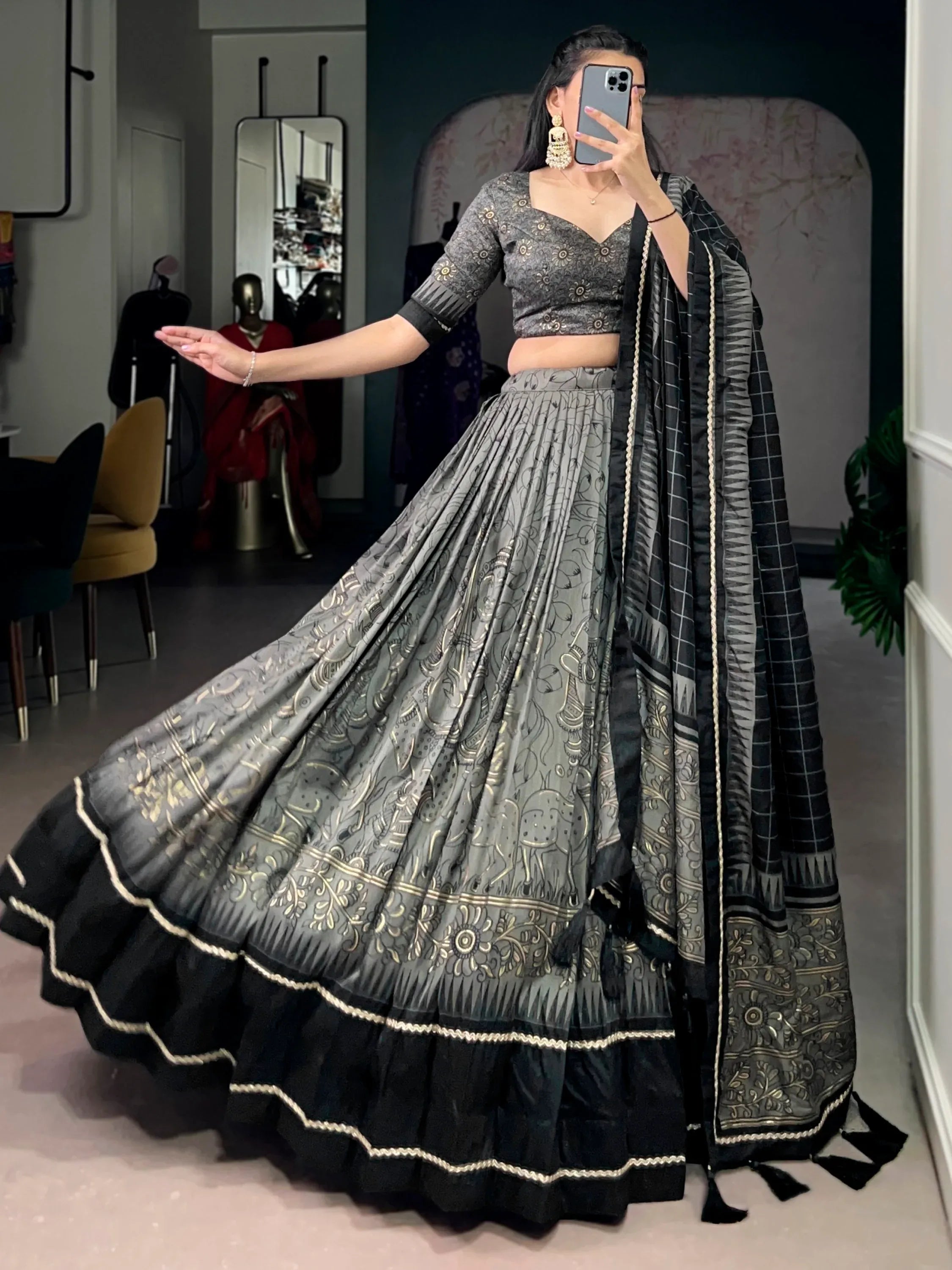 Bewitching Grey Kalamkari Print Tussar Silk Marriage Wear Lehenga Choli