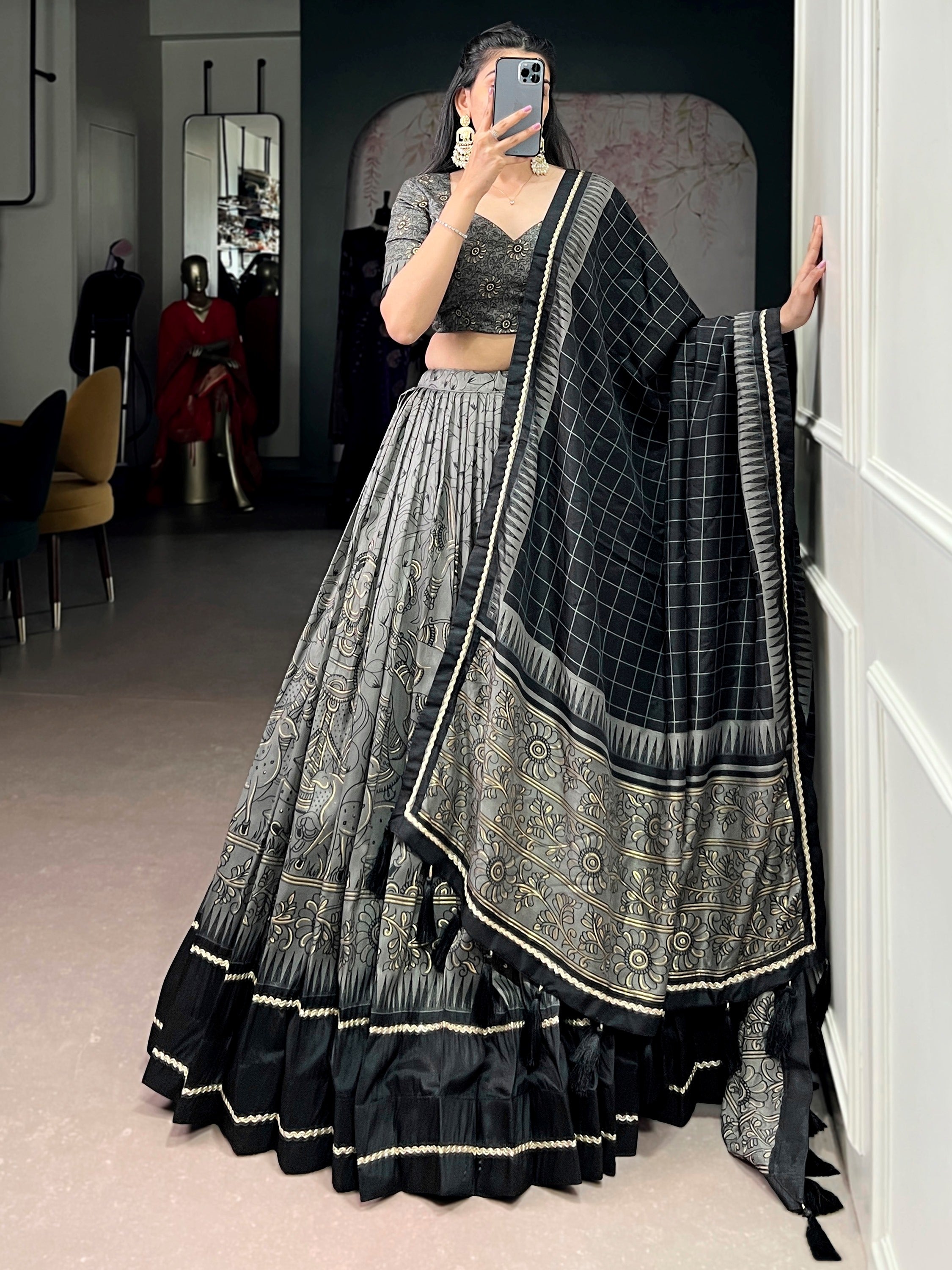 Bewitching Grey Kalamkari Print Tussar Silk Marriage Wear Lehenga Choli