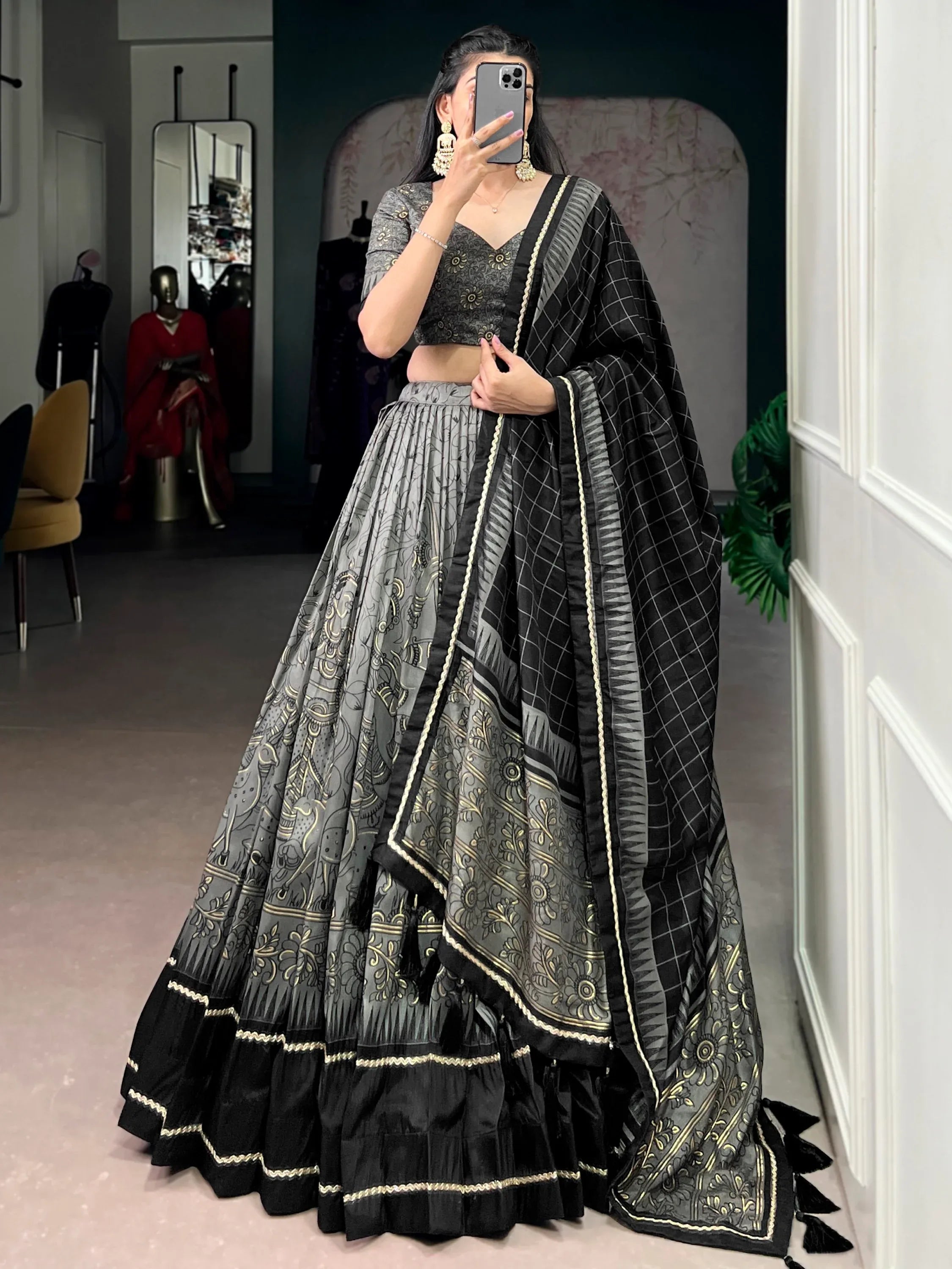 Bewitching Grey Kalamkari Print Tussar Silk Marriage Wear Lehenga Choli