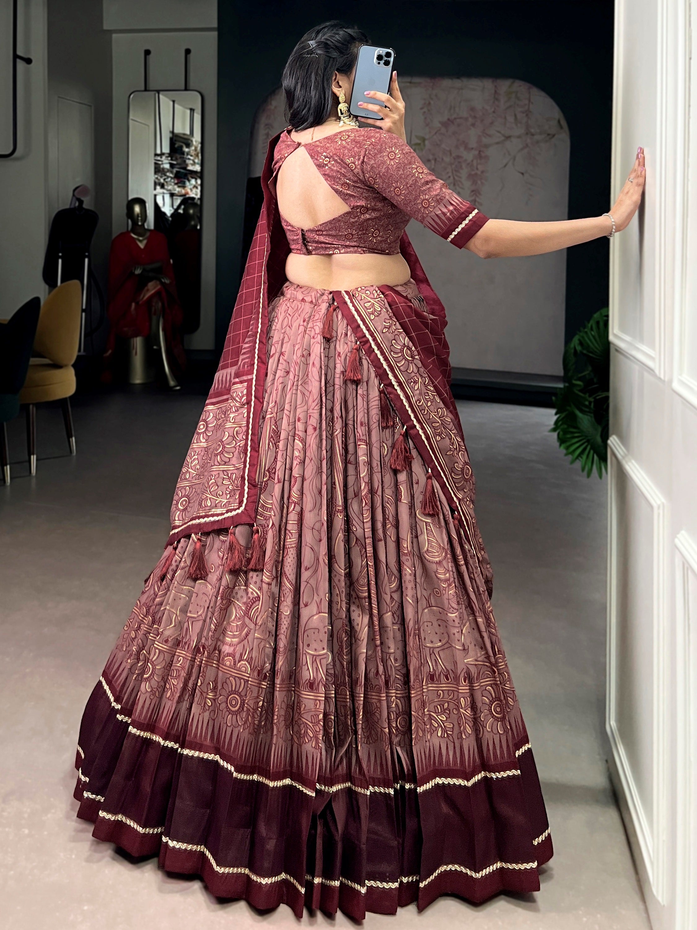 Mesmerizing Maroon Kalamkari Print Tussar Silk Wedding Wear Lehenga Choli