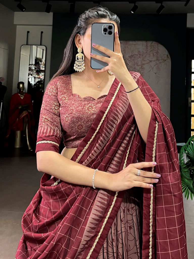 Mesmerizing Maroon Kalamkari Print Tussar Silk Wedding Wear Lehenga Choli