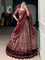 Mesmerizing Maroon Kalamkari Print Tussar Silk Wedding Wear Lehenga Choli