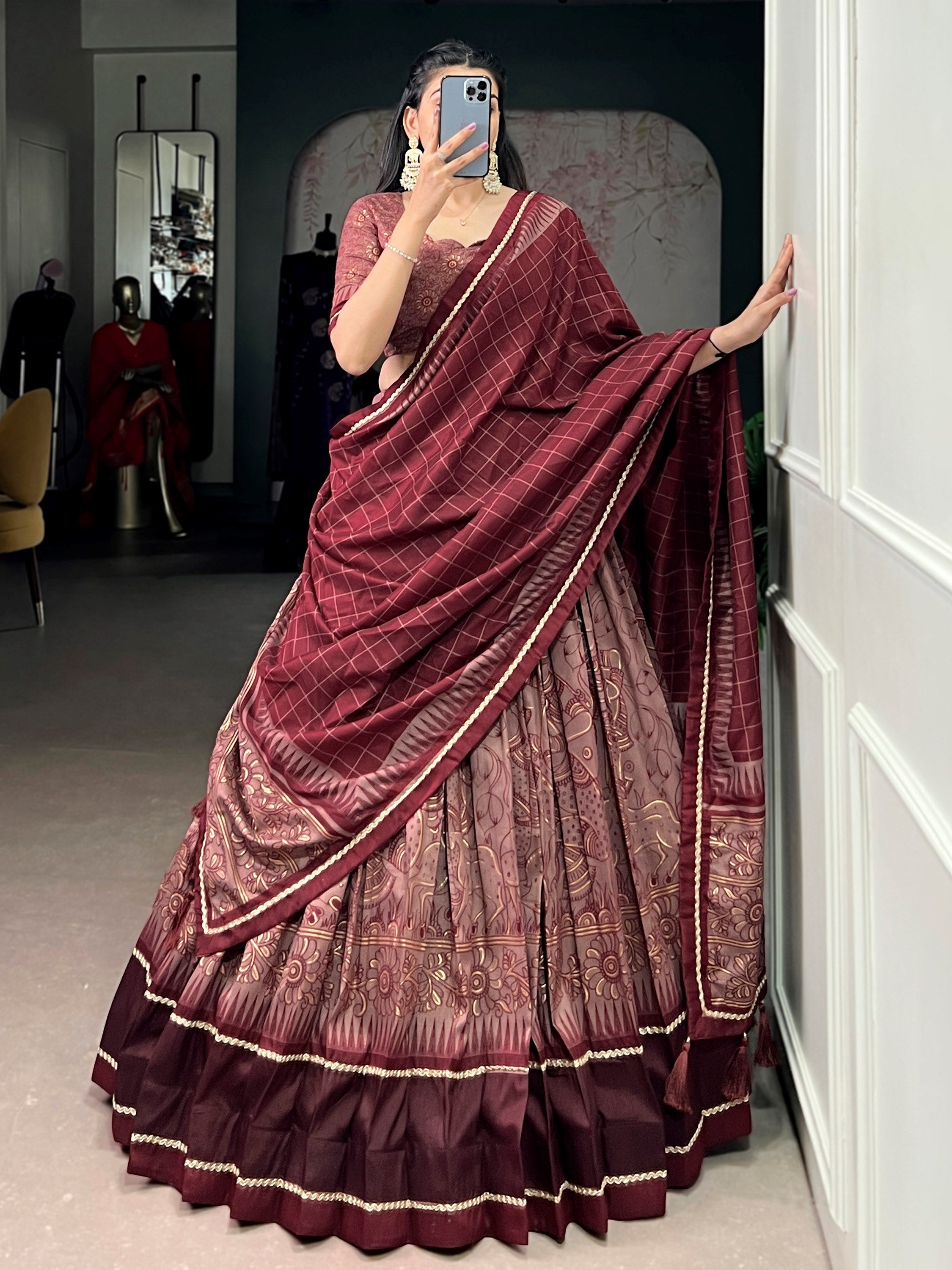 Mesmerizing Maroon Kalamkari Print Tussar Silk Wedding Wear Lehenga Choli