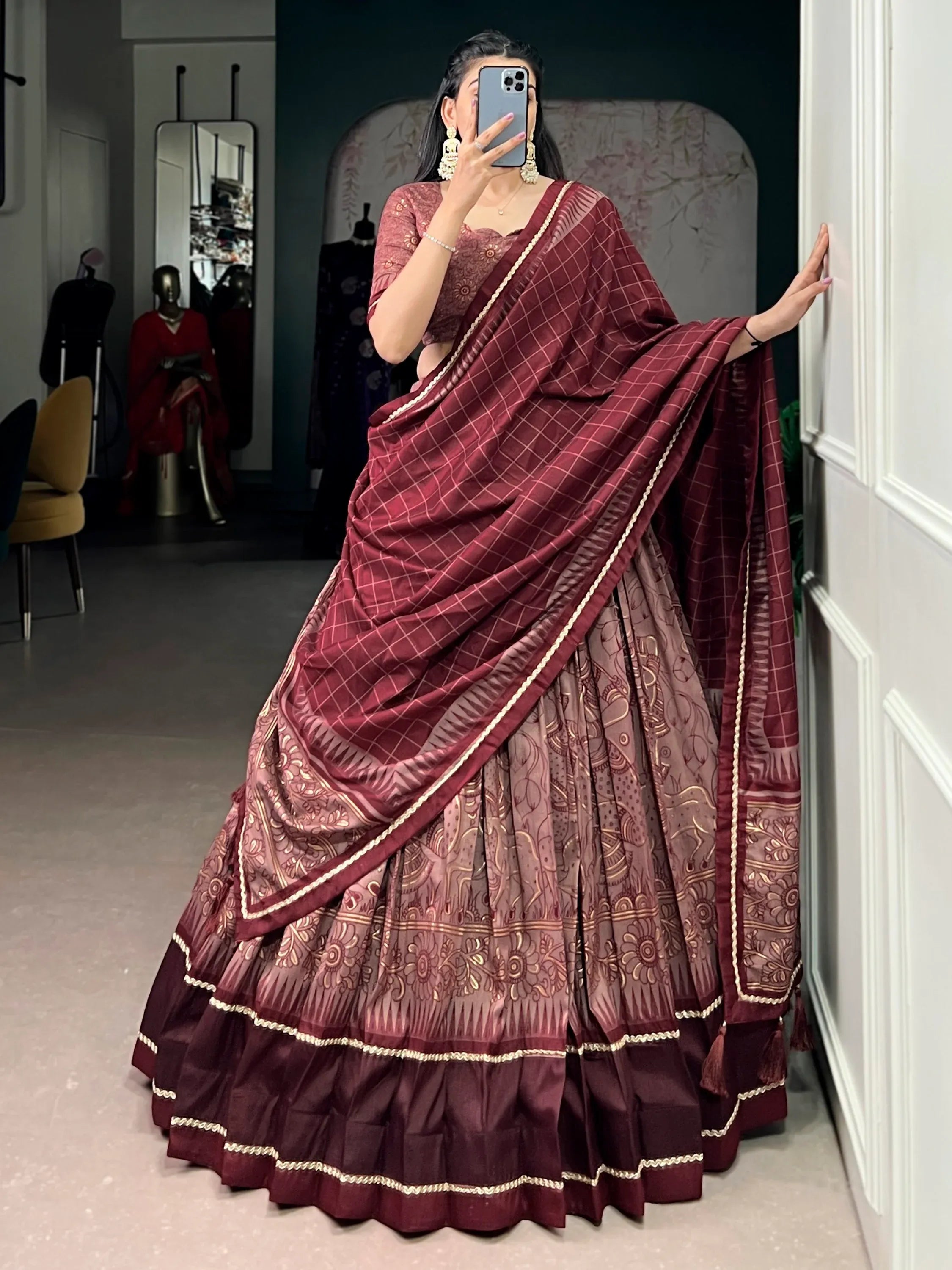 Mesmerizing Maroon Kalamkari Print Tussar Silk Wedding Wear Lehenga Choli