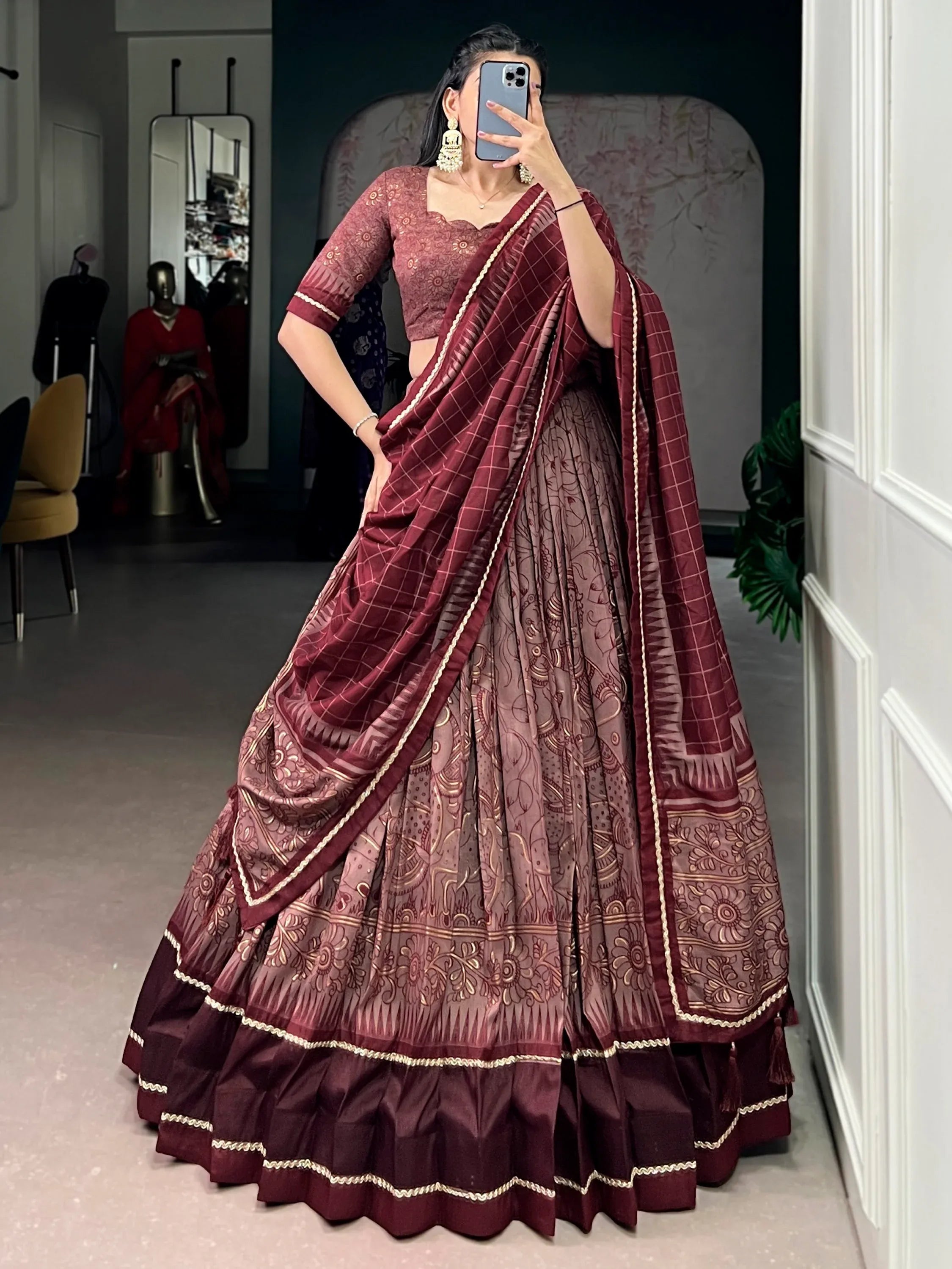 Mesmerizing Maroon Kalamkari Print Tussar Silk Wedding Wear Lehenga Choli