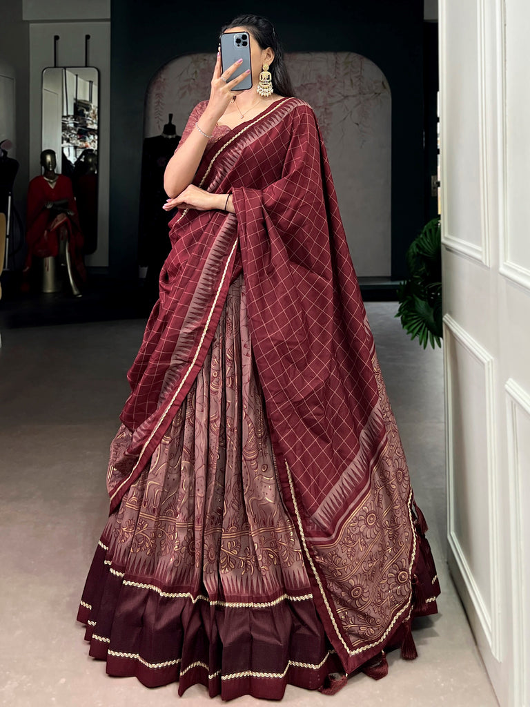 Mesmerizing Maroon Kalamkari Print Tussar Silk Wedding Wear Lehenga Choli