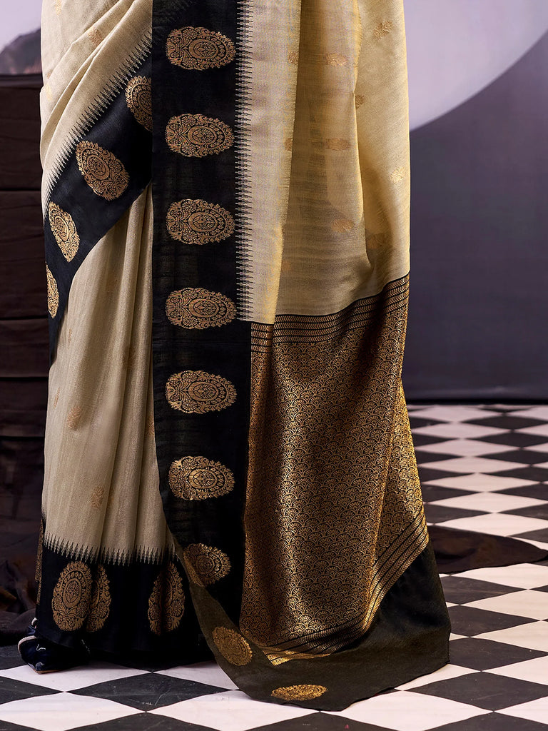 Fabulous Beige Zari Weaving Cotton Function Wear Saree With Blouse