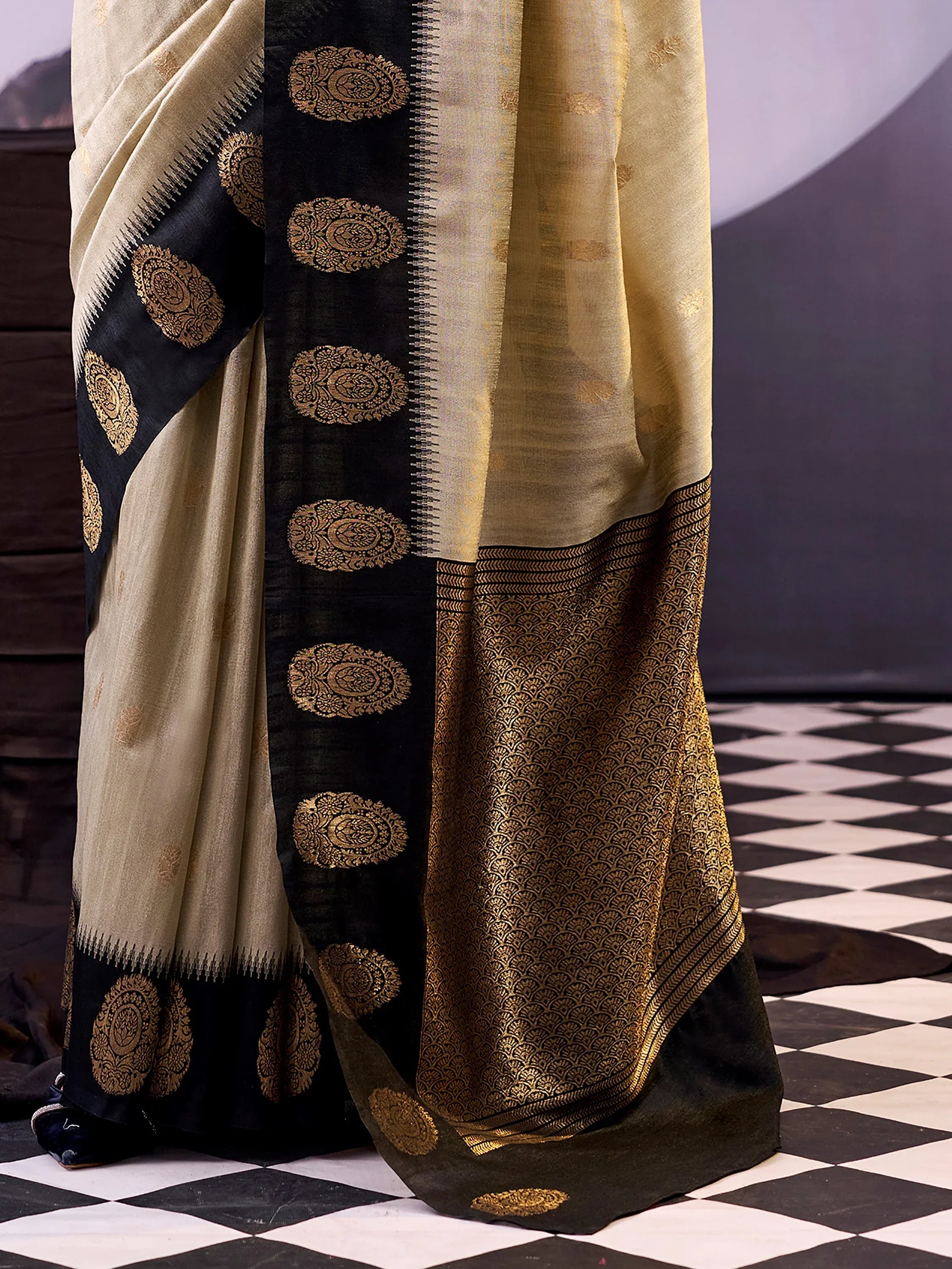 Fabulous Beige Zari Weaving Cotton Function Wear Saree With Blouse