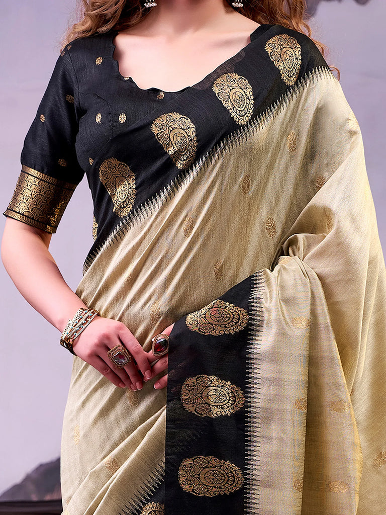 Fabulous Beige Zari Weaving Cotton Function Wear Saree With Blouse