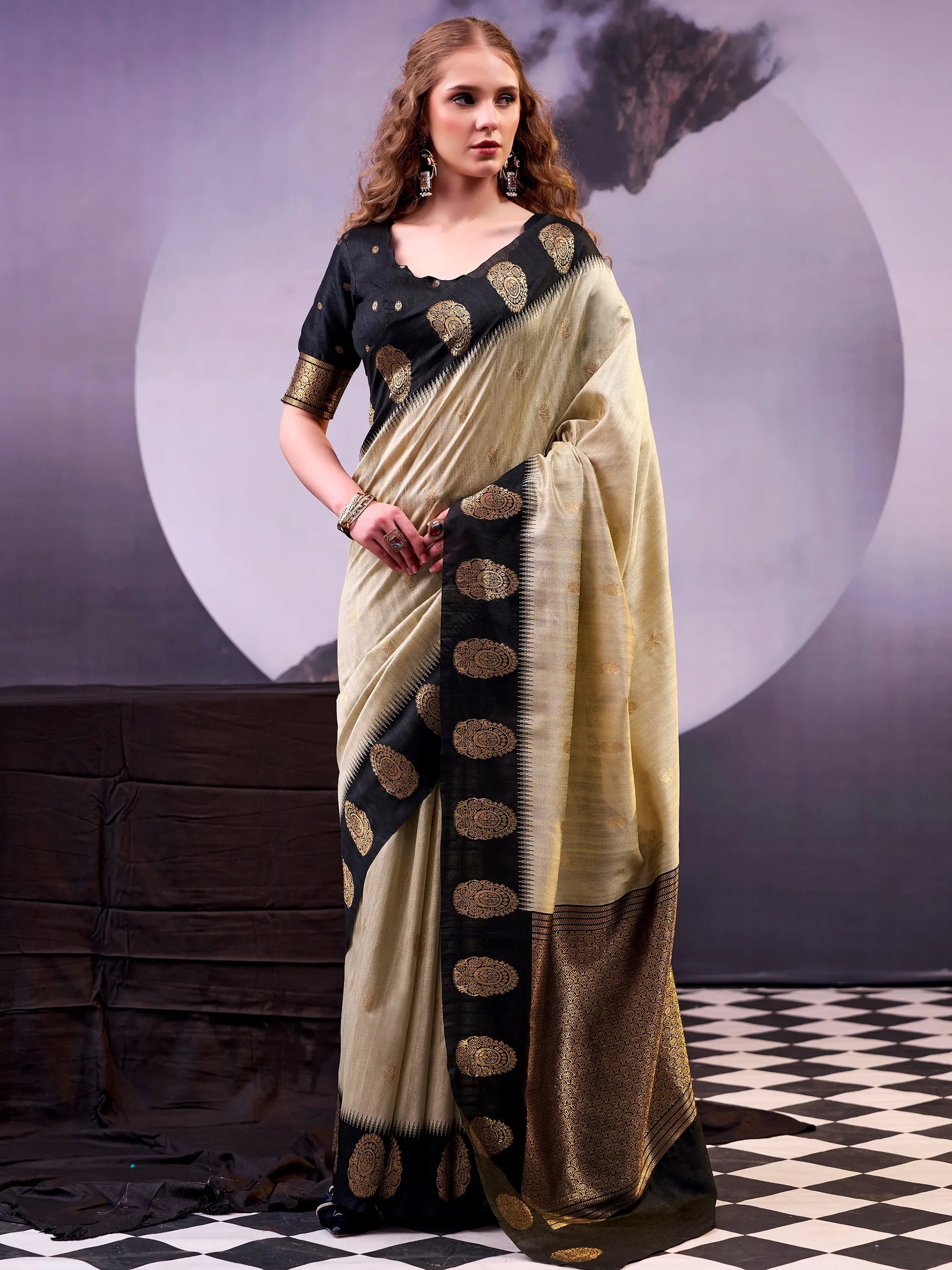 Fabulous Beige Zari Weaving Cotton Function Wear Saree With Blouse